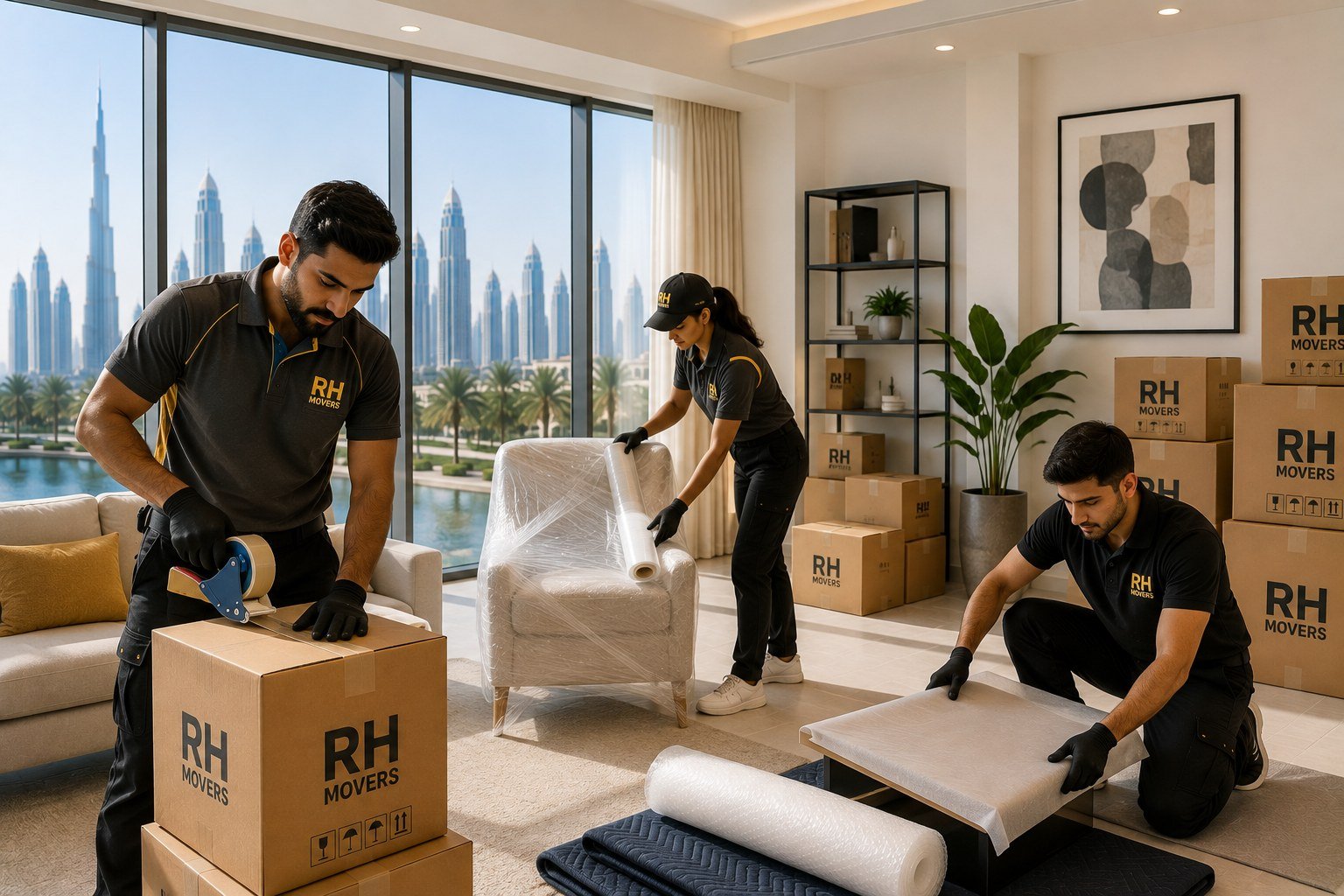 RH Movers team carefully packing furniture for a move