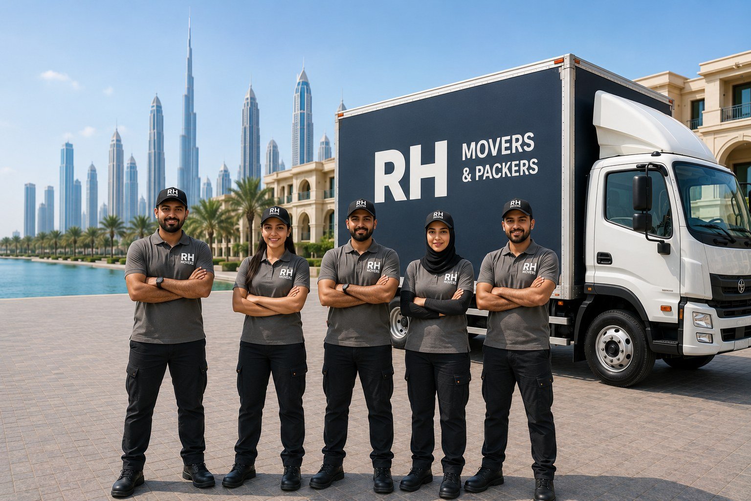 RH Movers moving team in uniform beside a moving truck