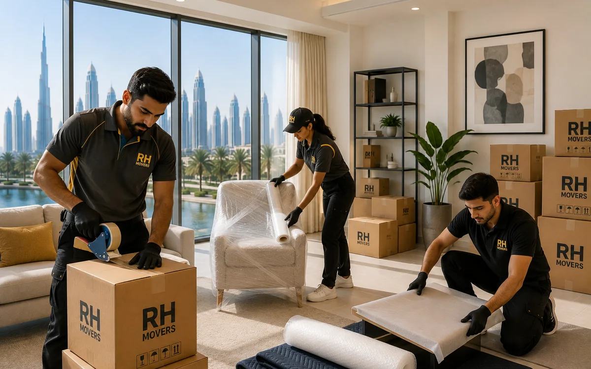 RH Movers team packing furniture inside a modern Abu Dhabi apartment