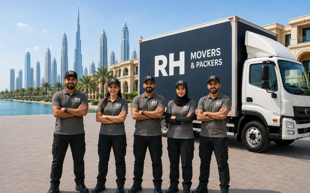 RH Movers team standing beside a branded moving truck in Abu Dhabi