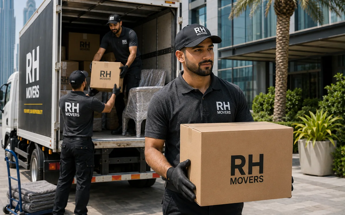 RH Movers team handling an office relocation beside a branded moving truck