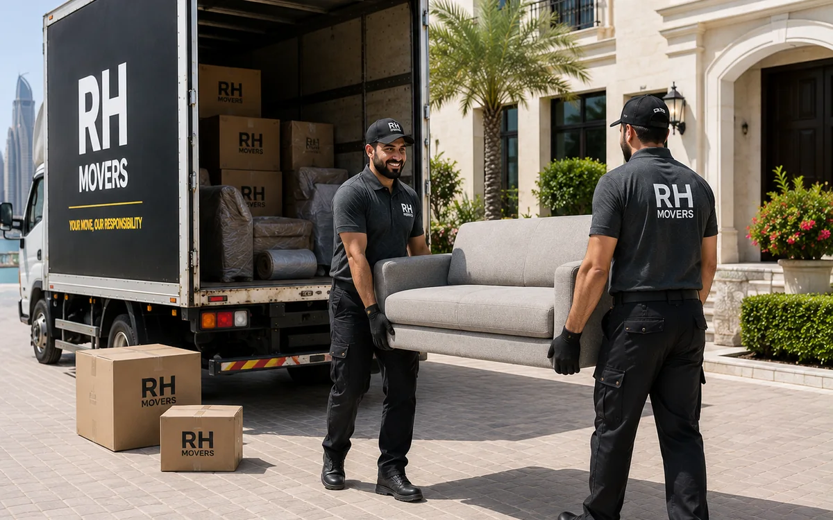 RH Movers professionals carefully carrying a sofa during a villa move