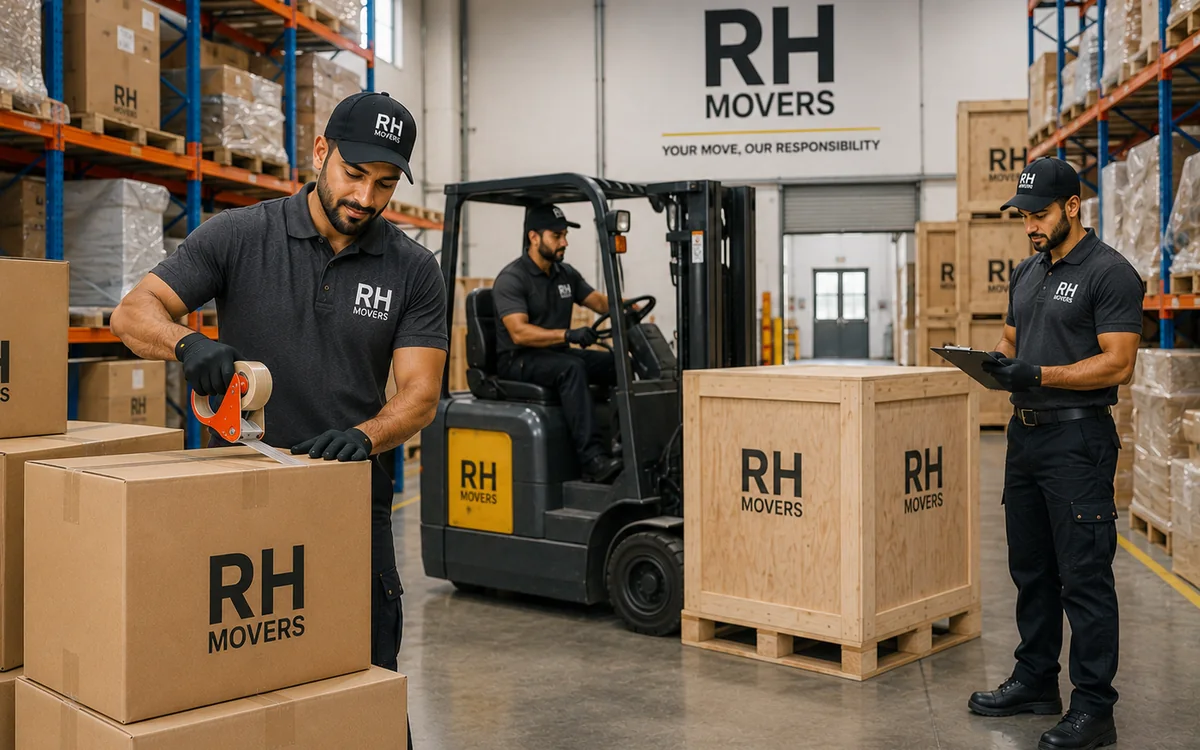 RH Movers packing and logistics team preparing moving boxes and crates