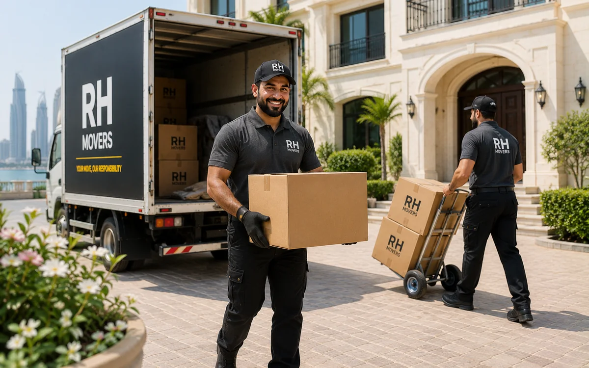 RH Movers professional carrying a moving box outside an Abu Dhabi villa