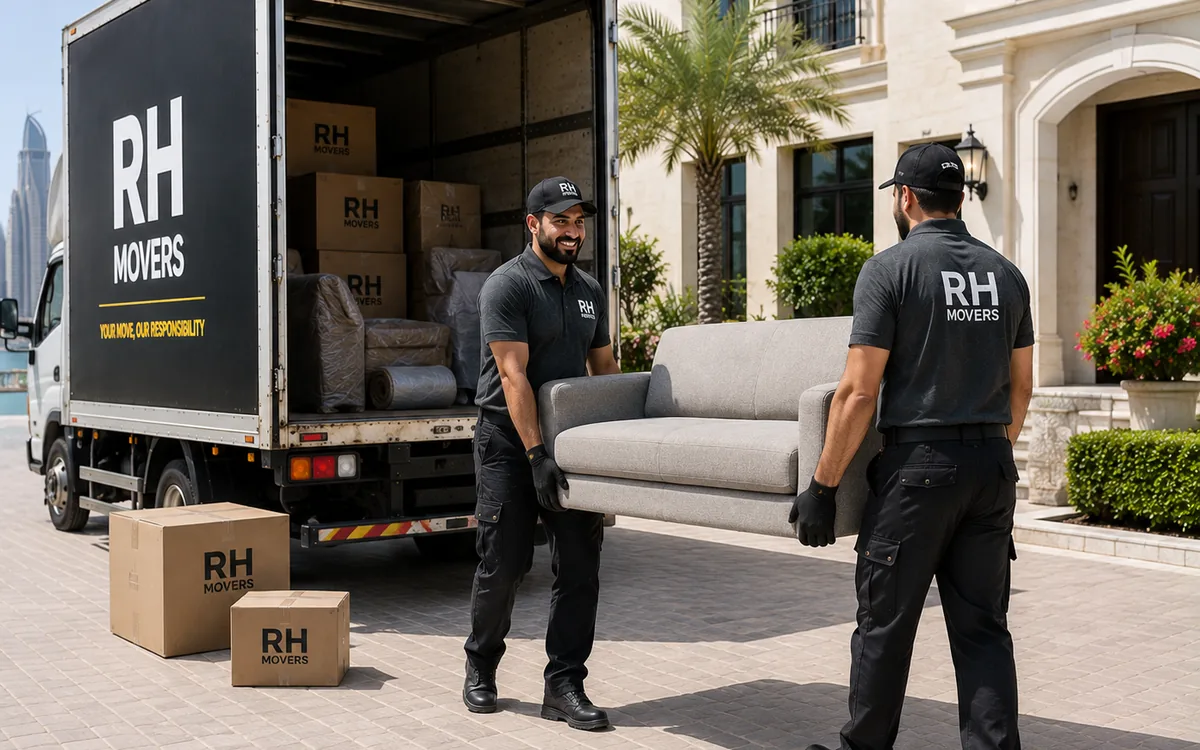 RH Movers team carrying a sofa from a villa