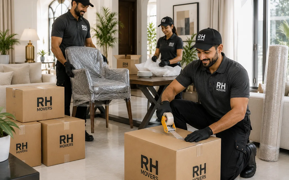RH Movers team packing boxes and preparing furniture for relocation